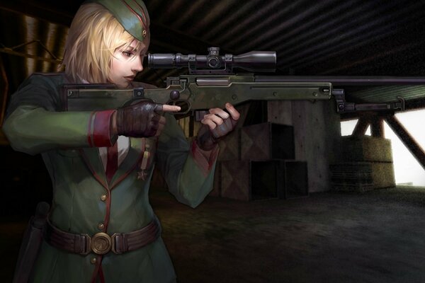 A girl with a machine gun looks into the sight shooting to kill