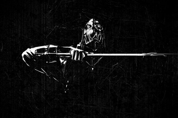 A man in a scary mask with a sword on a black background