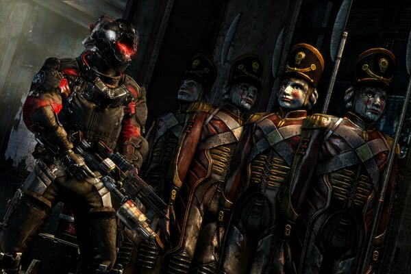 Игра Dead space 3. Солдат в броне стоит рядом с оловянных солдат