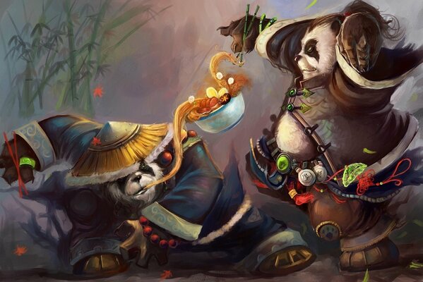 The struggle of two pandas for a bowl of warcraft noodles