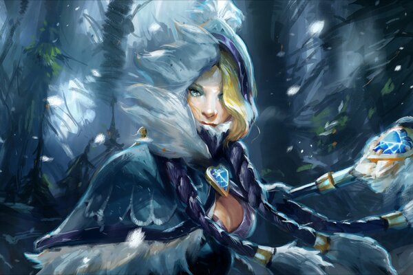 Kunst ist ein Spritzer Kunst. dota 2. rylai crestfall. crystal maiden. mädchen gebündelt schneeglöckchen mit stab schutz der alten