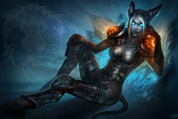 A girl with horns and hooves in metal armor