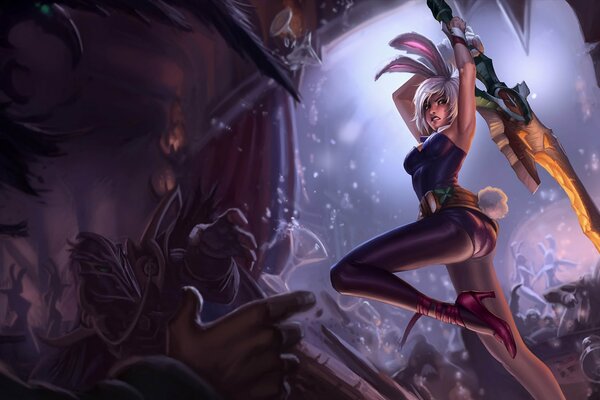 A girl with ears and a sword at a party