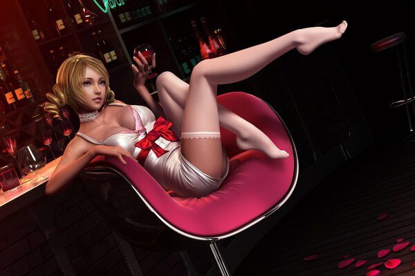 Picture of a girl in stockings with a glass of wine