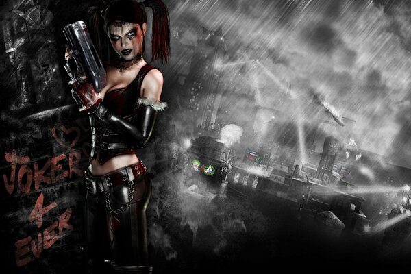 Harley Queen in un corsetto nero con una pistola in mano