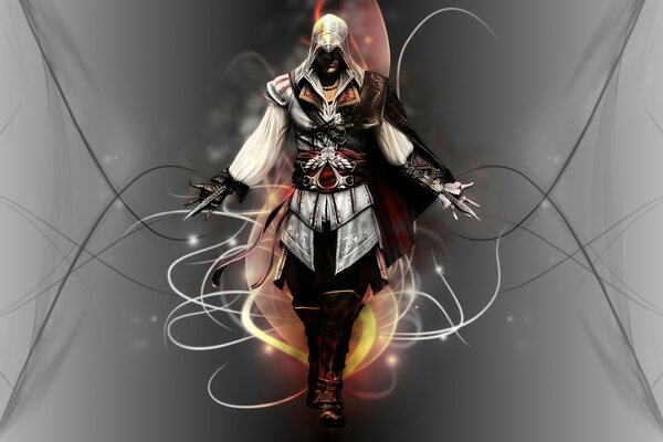 In the photo, the killer is on a gray background with lines