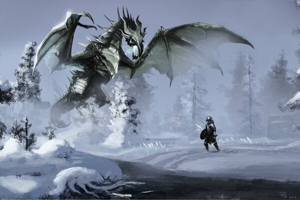 A dragon attacks a warrior in a snowy forest