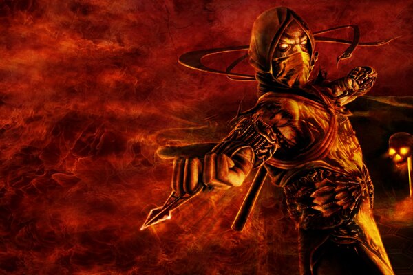 Mortal kombat. escorpión ninja en el infierno en el fondo de un cráneo de fuego