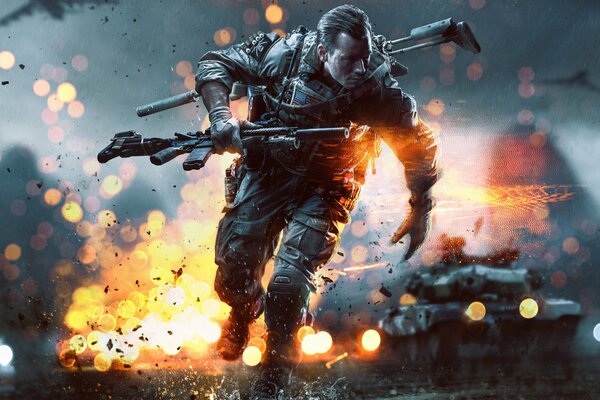 Escape of a soldier from battlefield 4 in equipment from fire and tank