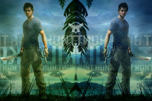 Jason Brody on the background of the island with a gun in his hands