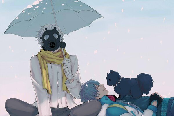 Art dramatischer Mord mit Regenschirm und Gasmaske