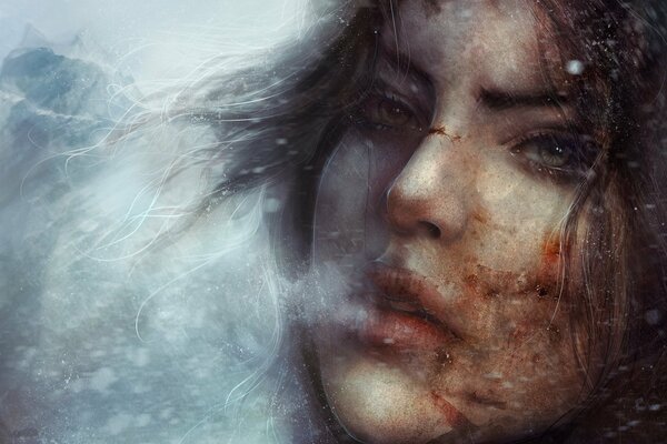 The face of a frozen girl in cuts near