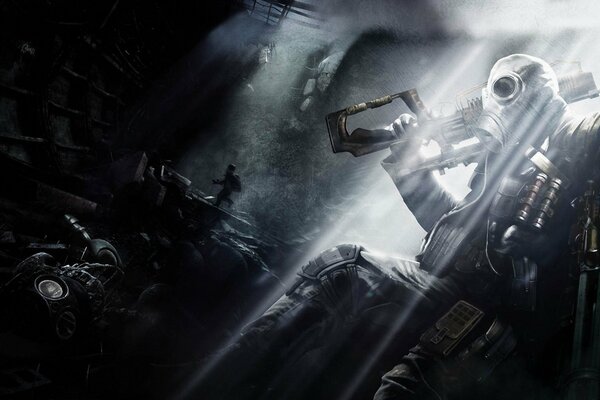 A man in a gas mask in the game last light