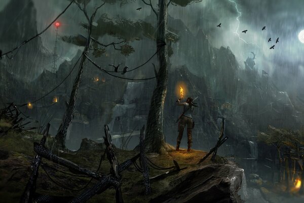 Lara Croft guarda la montagna in una notte piovosa