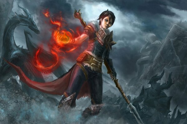 Magier mit Stab in einer Hand und Feuer in der anderen Hand