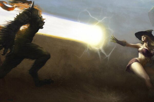A witch girl conjures a bright ray into a monster