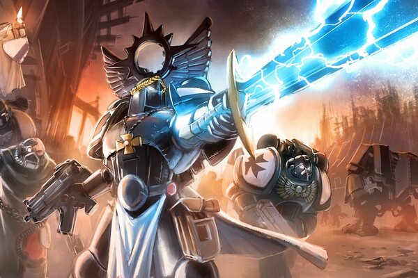 Fan art of armed warriors against a gloomy sky in