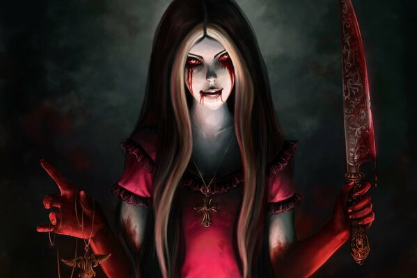 Alice ensangrentada sostiene un enorme cuchillo en sus manos