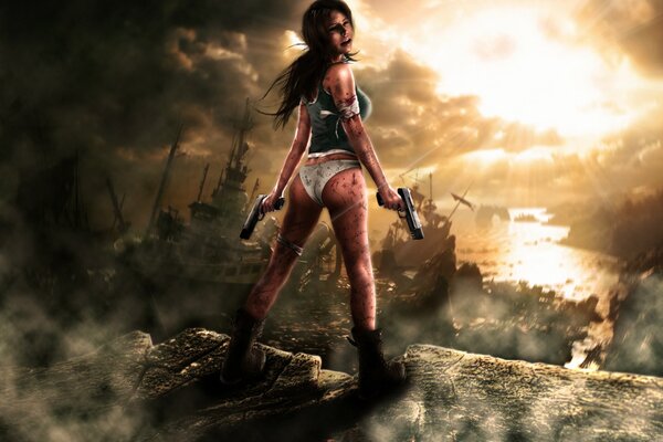 Lara Croft dziewczyna z pistoletem i opaską na ramieniu