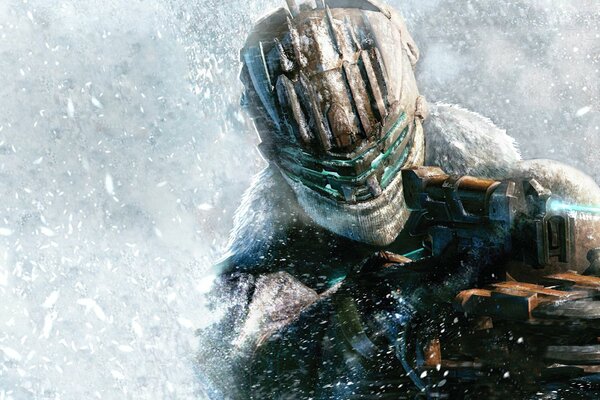 A frame from the computer game dead space 3 with a warrior holding a weapon