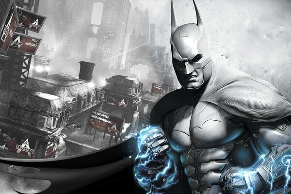 Drawing of the Batmen on the background of the city in gray tones