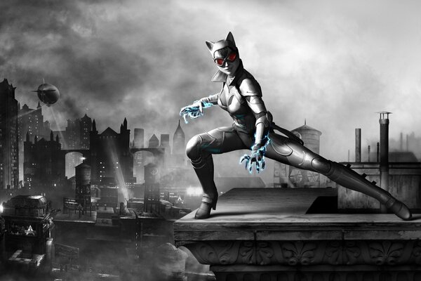 Catwoman sur le toit d un bâtiment en noir et blanc