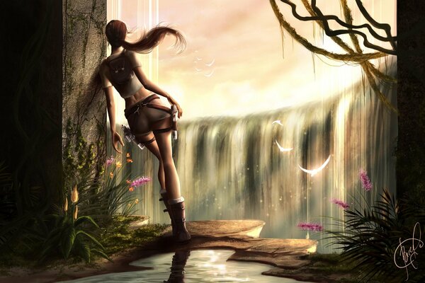Lara Croft from tomb raider stands near the waterfall
