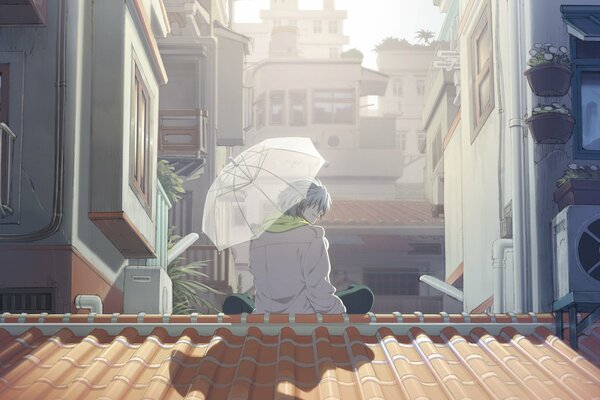 Image de dessin animé d un jeune homme sous un parapluie sur le toit