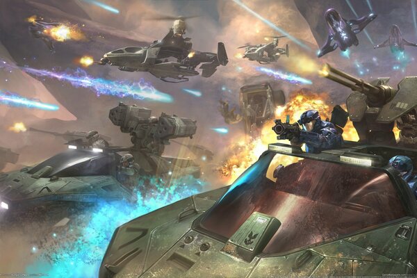 Bataille dans les avions de jeu d ordinateur et des hélicoptères pendant la bataille
