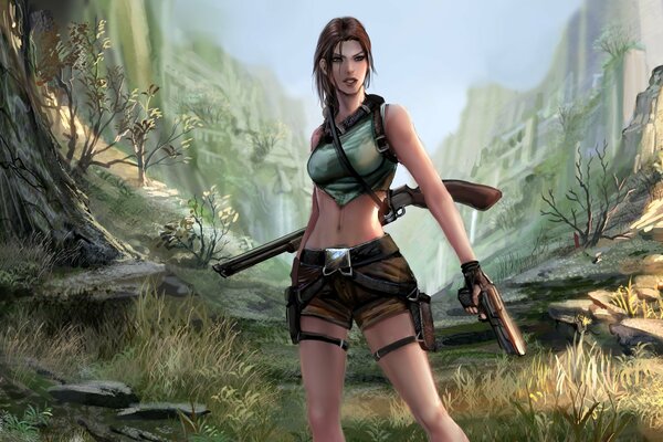 Art by Lara Croft with a pistol and a shotgun against the background of rocks in the forest