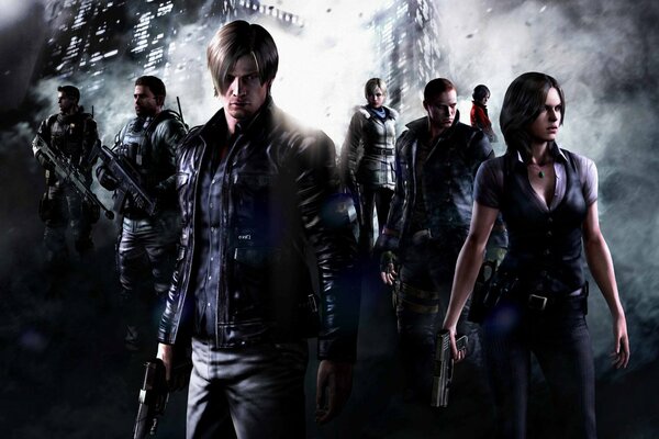 The logo for the game resident evel 6. The characters of the game