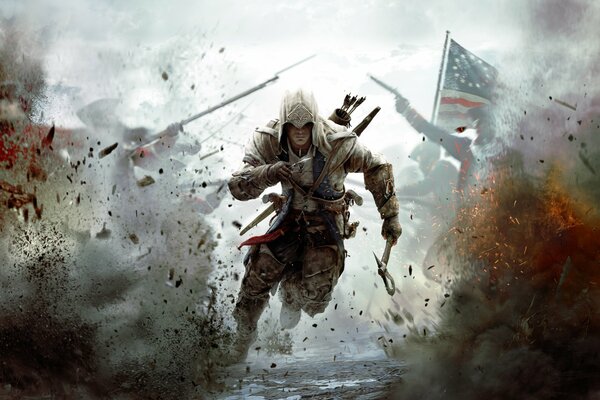 Un cadre du jeu Assassin s Creed 3 avec un soldat en cours d exécution