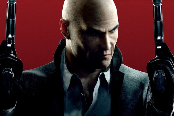 A bald mercenary in a coat and shirt stands with two pistols