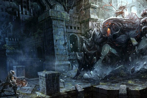 Art Fantasy Monster vs guerre dans un bâtiment détruit