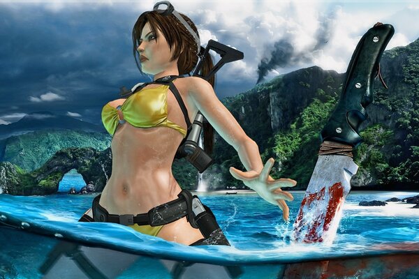 Сцена из tomb raider в воде на фоне гор