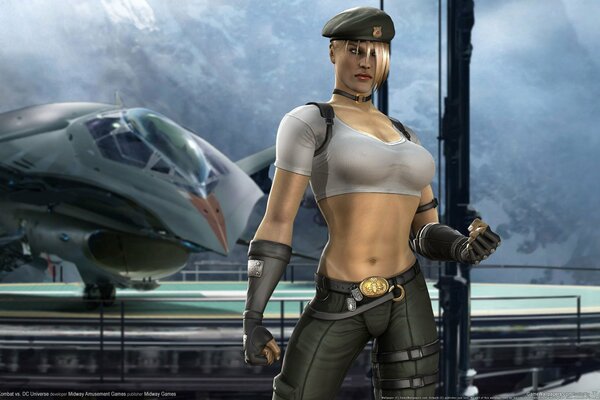 Sonia sur le fond d un avion en forme du jeu mortal, kombat