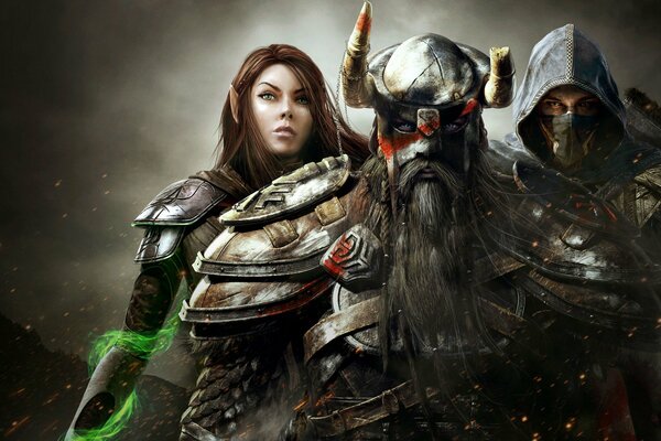 Elf girl with men in capichon and helmet