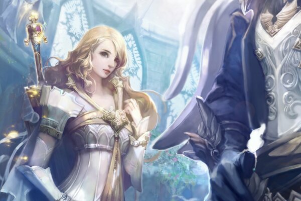Hermosa elfo con una espada a la espalda del juego aion