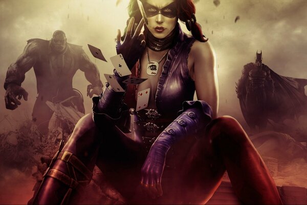 Harley Quinn na pierwszym planie, Batman w tle