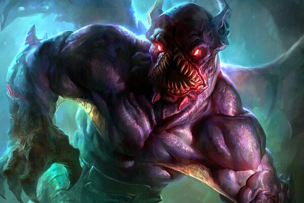 Monstruo mumculoso con alas en el arte de la niebla verde