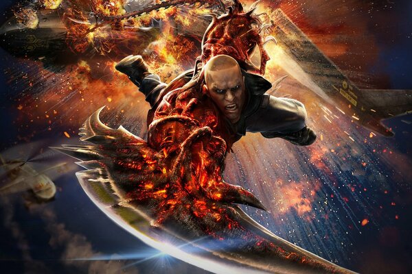 Mutant James jumps out of a helicopter after an explosion