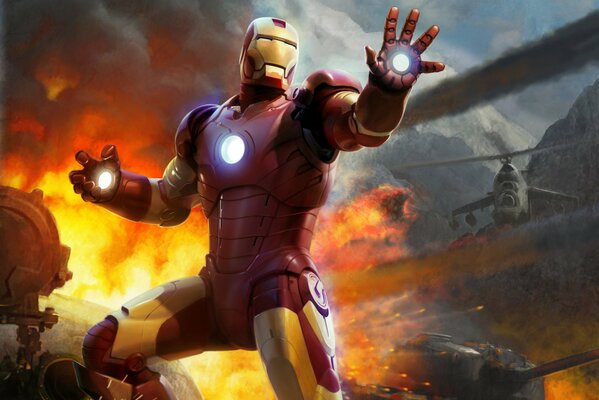Iron Man feu flamme réservoir hélicoptère