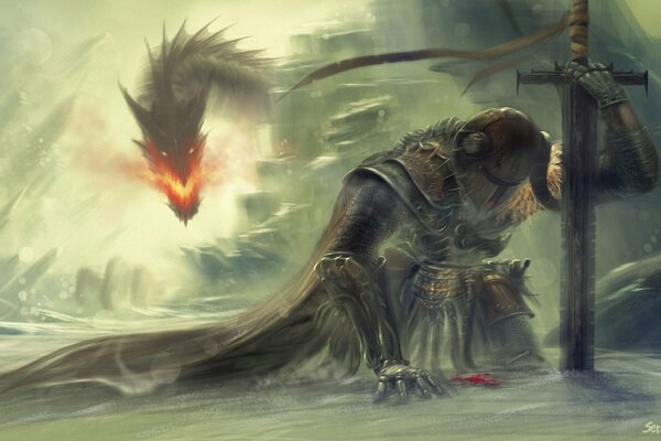 Ein Krieger, der sich auf ein Schwert stützt, bereitet sich auf den Kampf mit einem Drachen vor