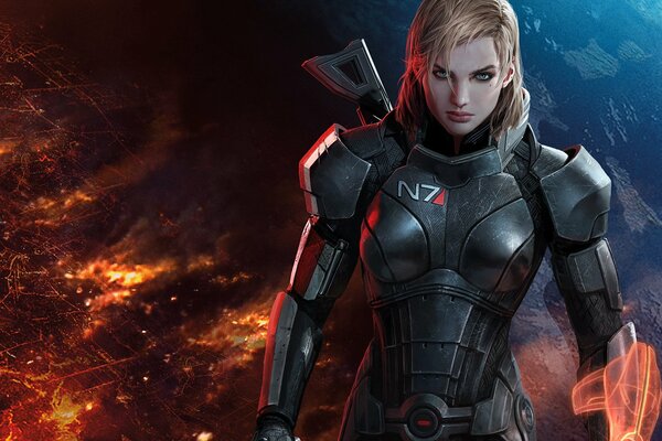 A strong woman in armor and with a machine gun