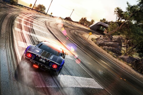A screen from a computer game - a sports car on the track