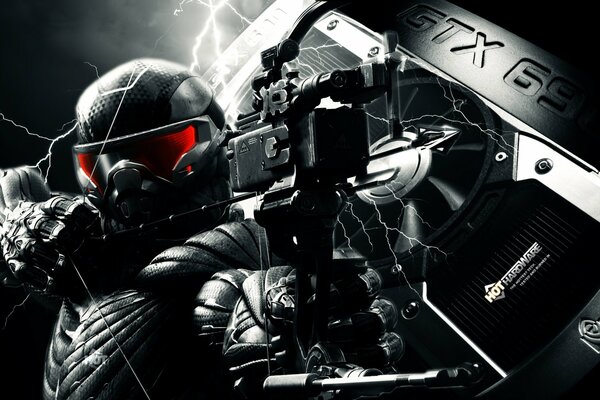 A soldier in a nanosuit with a bow in his hands on the background of a video card
