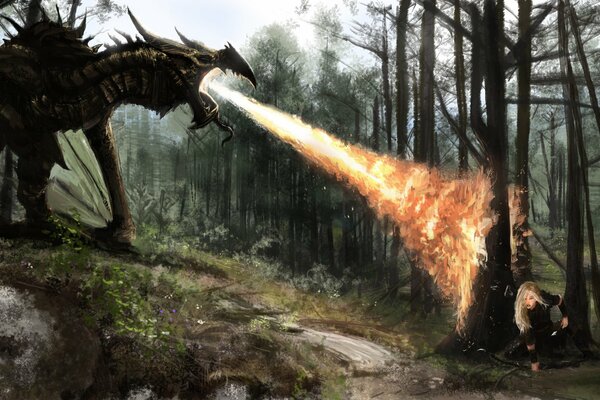 A gloomy dragon moves a tree behind which a beautiful blonde warrior is hiding