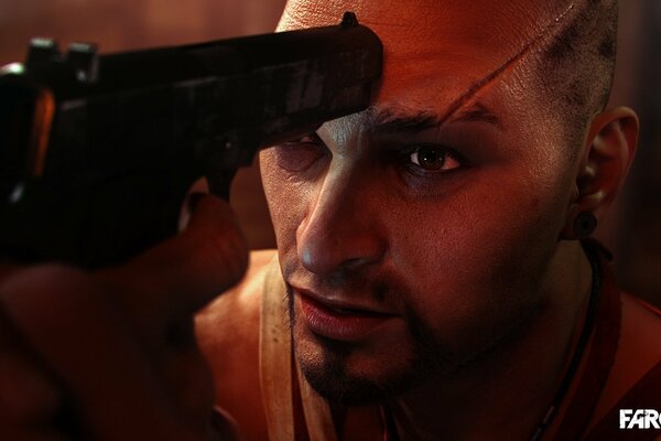 Far Cry 3. Die Pistole weht gegen die Stirn von Vaas Montenegros