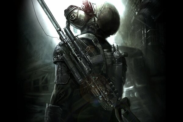 Computer warrior in uniform and gas mask