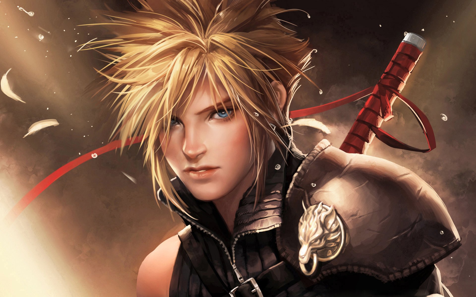 akimichan final fantasy advent children cloud strife short hair blue eyes blonde hair blush men weapon sword armour feathers realistic brown background water drop